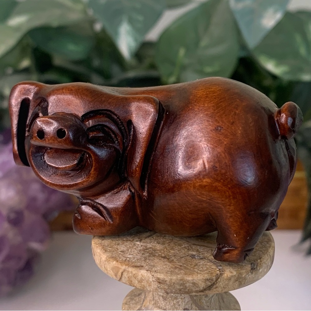 Boxwood Pig Netsuke Figurine Hand Carved Wood Animal Figure Wooden Sculpture 2.8